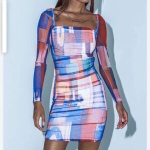 Princess Polly Charvi Long Sleeve Mini Dress Ruched Mesh Multi Size US 4 NWT!